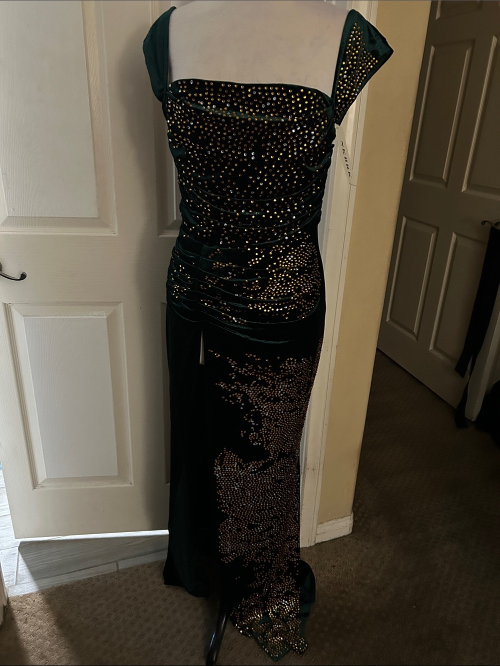 Green Godwss Velvet Evening Gown with Gold Embellishment